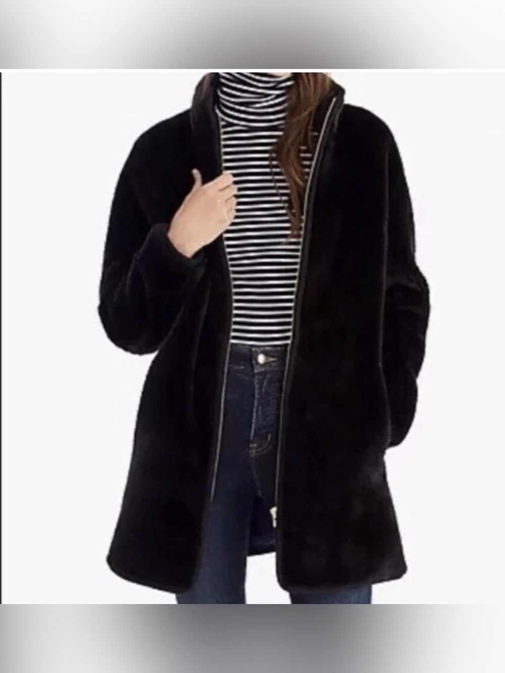 New J. Crew Teddy Sherpa Faux Fur Zip Jacket Coat in Black Oversized Size Large